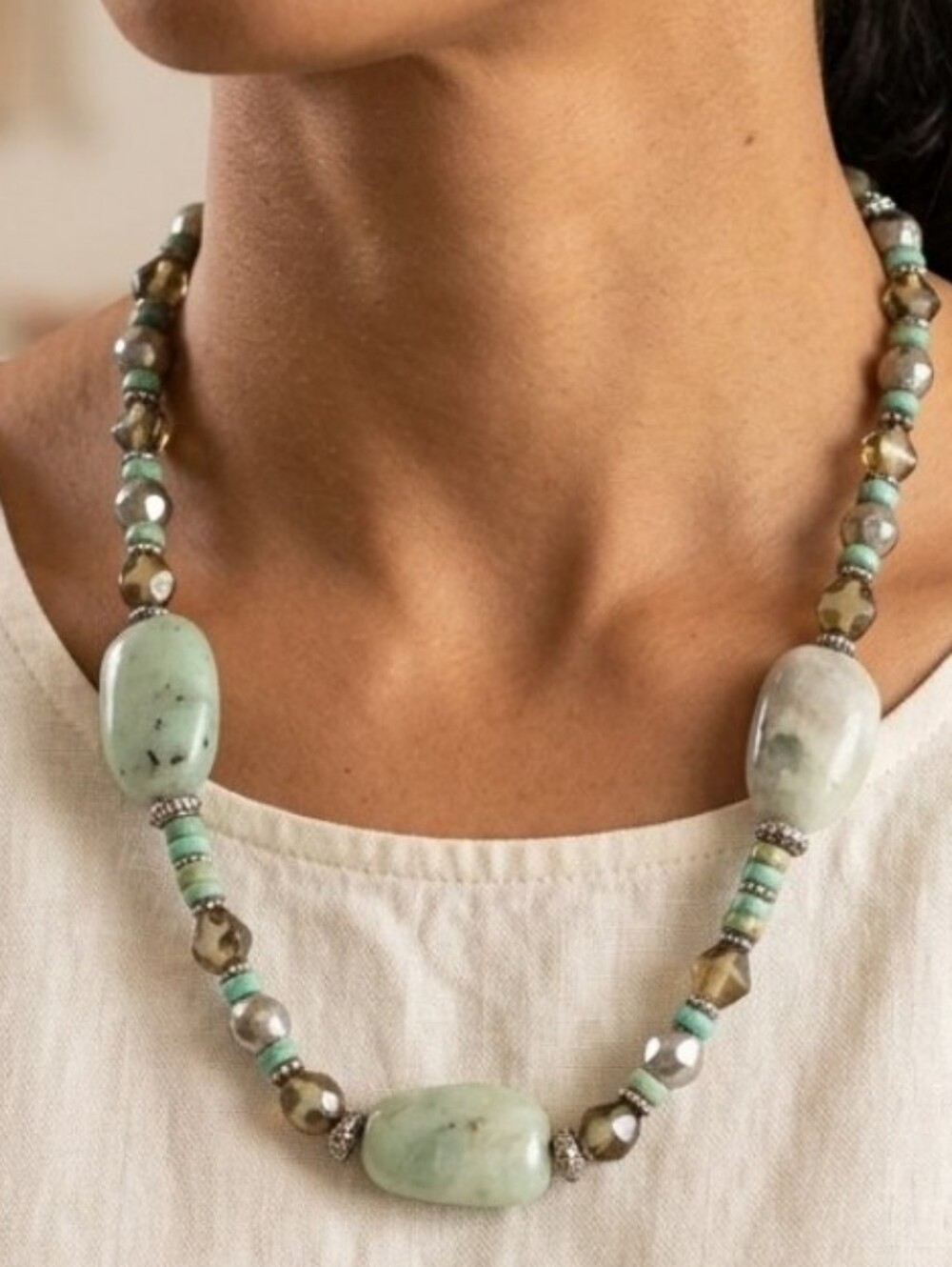 Boho Chunky Green Aventurine Quartz Gemstone Statement Necklace